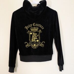 VTG Juicy Couture Y2K Black Velour Track Jacket Dog Crest Logo Zip Women's M